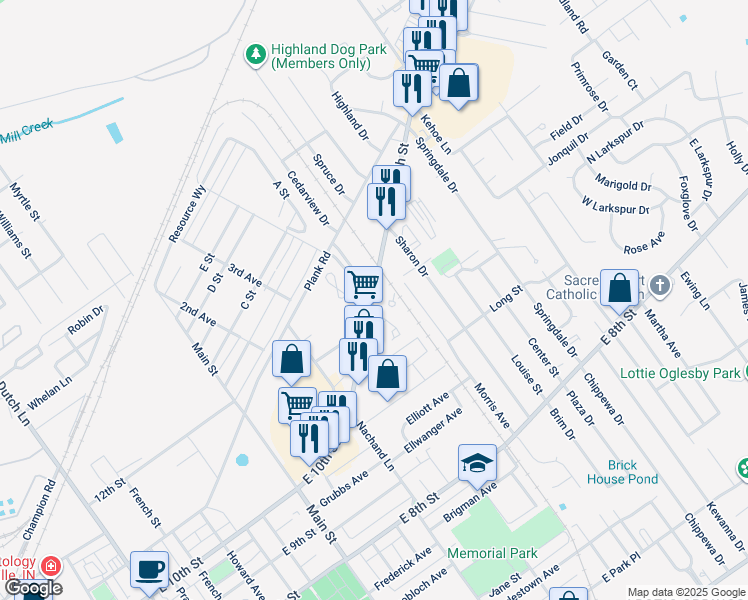 map of restaurants, bars, coffee shops, grocery stores, and more near 1600-1638 E 10th St in Jeffersonville