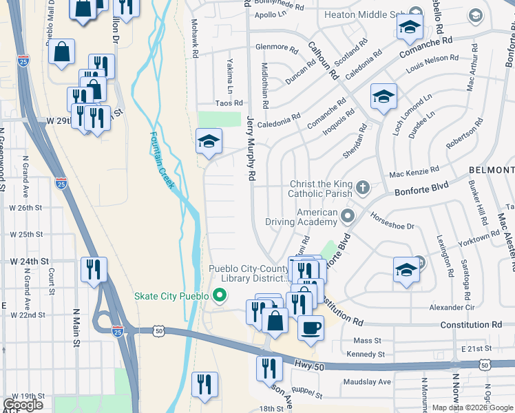 map of restaurants, bars, coffee shops, grocery stores, and more near 1612 Jerry Murphy Road in Pueblo
