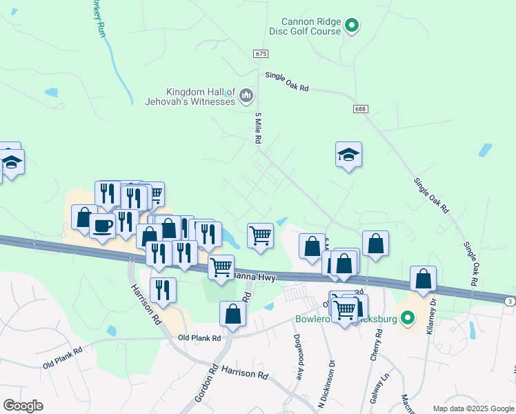 map of restaurants, bars, coffee shops, grocery stores, and more near 6406 Boxwell Drive in Fredericksburg