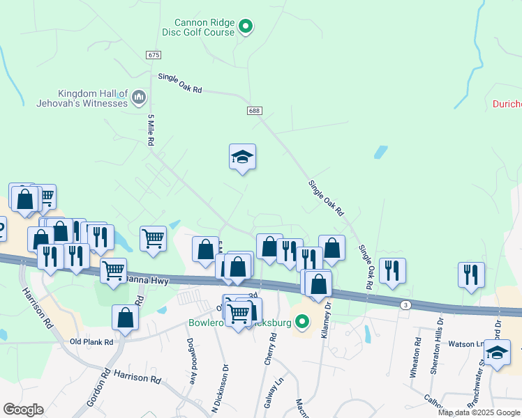 map of restaurants, bars, coffee shops, grocery stores, and more near 6351 Autumn Leaf Circle in Fredericksburg