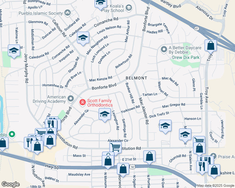 map of restaurants, bars, coffee shops, grocery stores, and more near 1629 Saratoga Road in Pueblo
