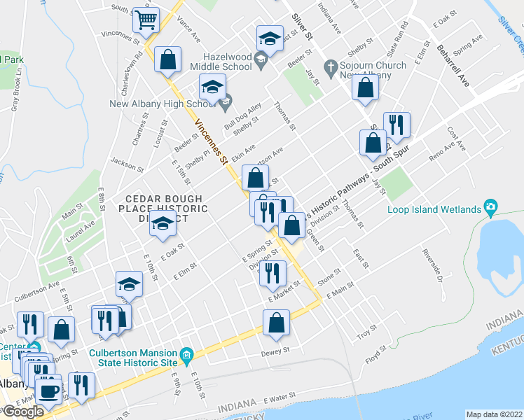 map of restaurants, bars, coffee shops, grocery stores, and more near 508 Vincennes Street in New Albany