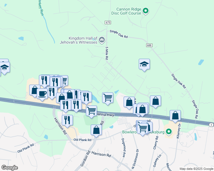 map of restaurants, bars, coffee shops, grocery stores, and more near 6406 Boxwell Drive in Fredericksburg