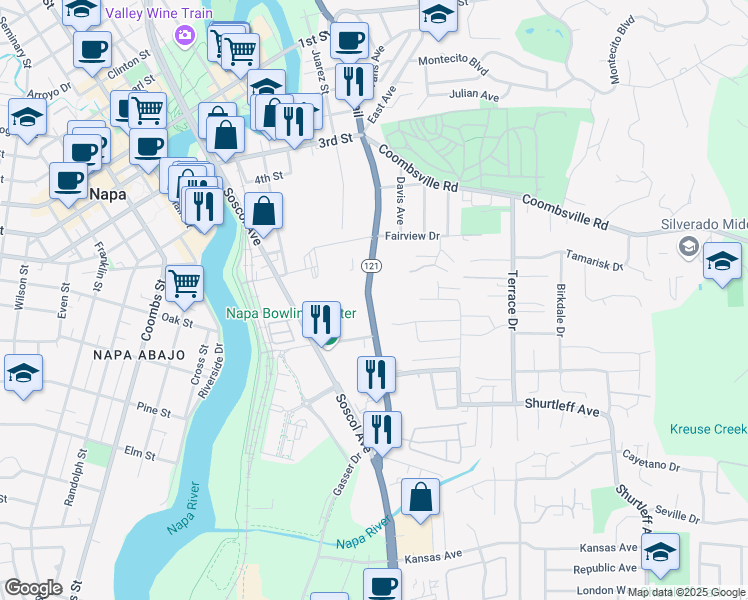 map of restaurants, bars, coffee shops, grocery stores, and more near 498 California 121 in Napa