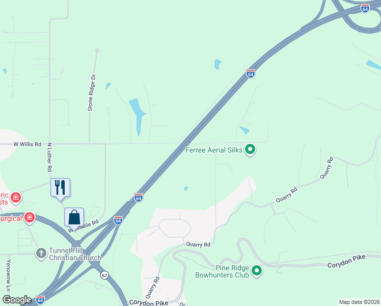 map of restaurants, bars, coffee shops, grocery stores, and more near 1525 East Willis Road in New Albany