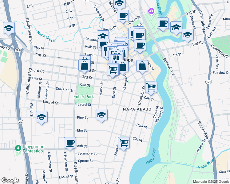 map of restaurants, bars, coffee shops, grocery stores, and more near 1505 Palmer Street in Napa