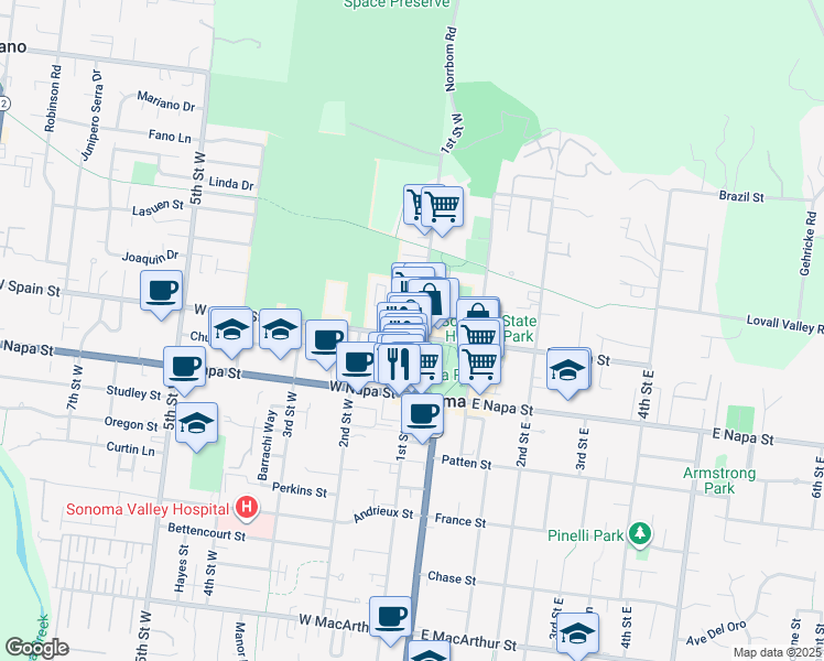 map of restaurants, bars, coffee shops, grocery stores, and more near 421 1st Street West in Sonoma