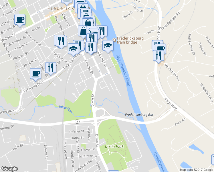 map of restaurants, bars, coffee shops, grocery stores, and more near 122 Princess Anne Street in Fredericksburg