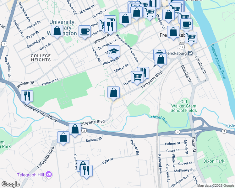 map of restaurants, bars, coffee shops, grocery stores, and more near 504 Willis Street in Fredericksburg