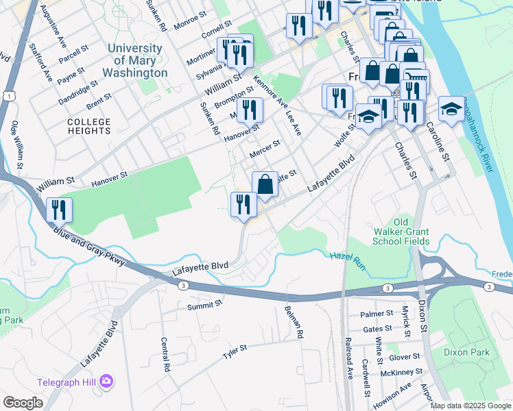 map of restaurants, bars, coffee shops, grocery stores, and more near 504 Willis Street in Fredericksburg