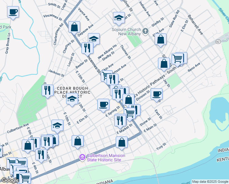 map of restaurants, bars, coffee shops, grocery stores, and more near 420 Vincennes Street in New Albany