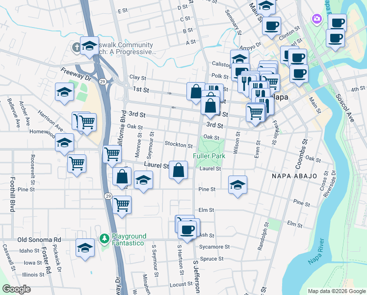 map of restaurants, bars, coffee shops, grocery stores, and more near 1903 Stockton Street in Napa