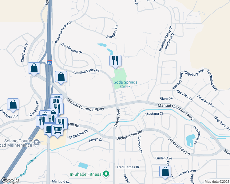 map of restaurants, bars, coffee shops, grocery stores, and more near Paradise Valley Dr & Tidewater Pl in Fairfield