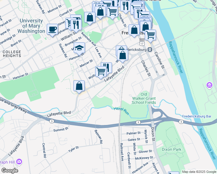 map of restaurants, bars, coffee shops, grocery stores, and more near 801 Cobblestone Boulevard in Fredericksburg