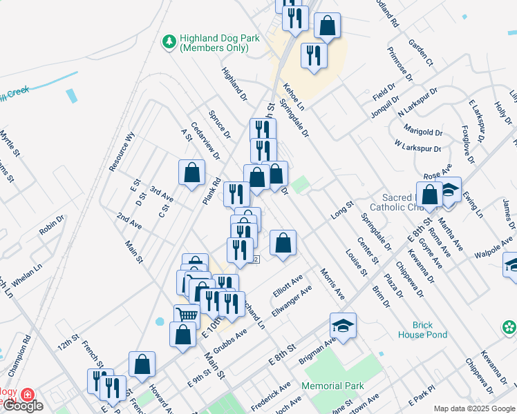 map of restaurants, bars, coffee shops, grocery stores, and more near 1600 East 10th Street in Jeffersonville
