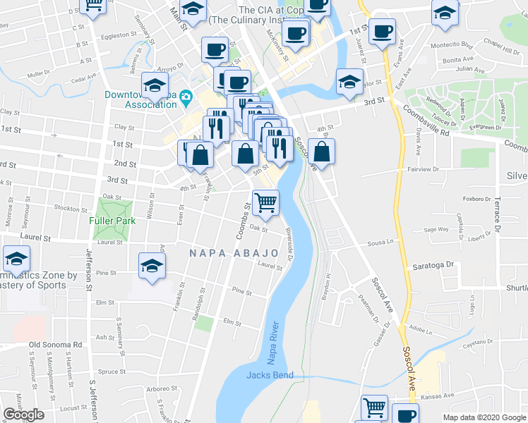 map of restaurants, bars, coffee shops, grocery stores, and more near 527 Brown Street in Napa