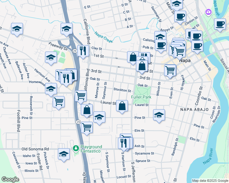 map of restaurants, bars, coffee shops, grocery stores, and more near 541 Patchett Street in Napa