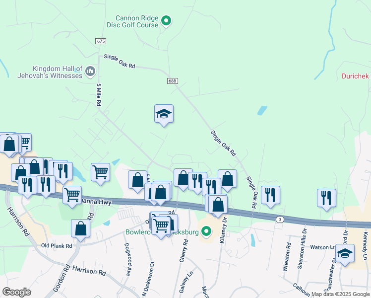 map of restaurants, bars, coffee shops, grocery stores, and more near 6337 Autumn Leaf Circle in Fredericksburg