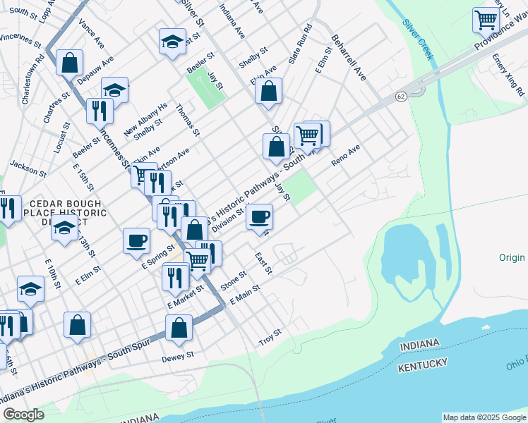 map of restaurants, bars, coffee shops, grocery stores, and more near 1919 Center Street in New Albany