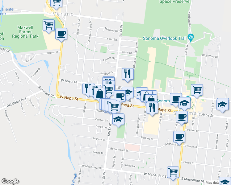 map of restaurants, bars, coffee shops, grocery stores, and more near 436 5th Street West in Sonoma
