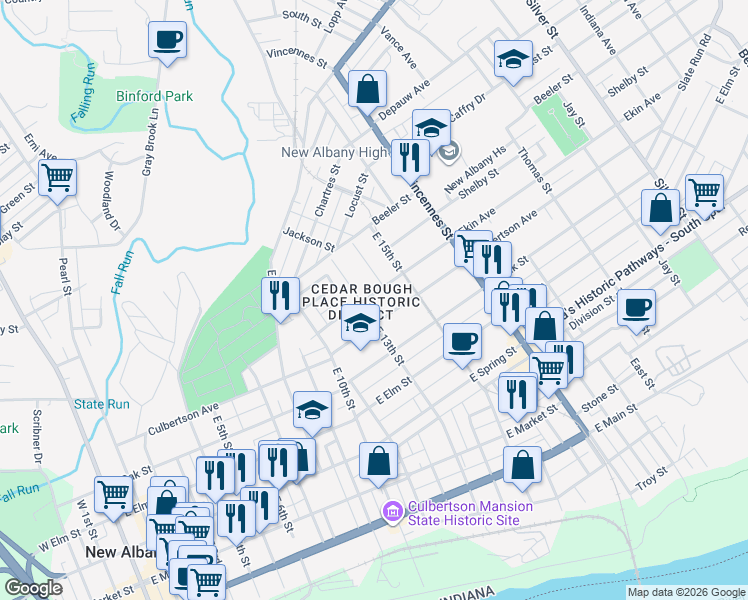 map of restaurants, bars, coffee shops, grocery stores, and more near 1312 Ekin Avenue in New Albany