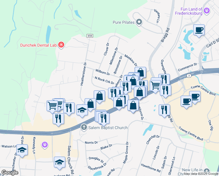 map of restaurants, bars, coffee shops, grocery stores, and more near 1211 Dewberry Drive in Fredericksburg