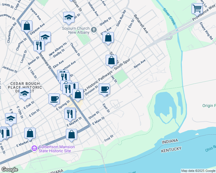 map of restaurants, bars, coffee shops, grocery stores, and more near 1919 Center Street in New Albany