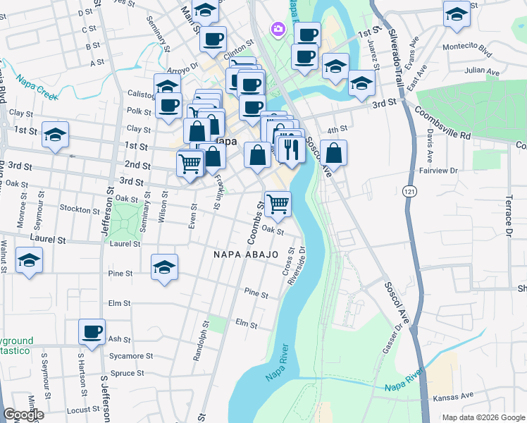 map of restaurants, bars, coffee shops, grocery stores, and more near 534 Coombs Street in Napa