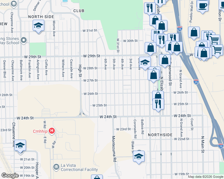 map of restaurants, bars, coffee shops, grocery stores, and more near 1100 West 26th Street in Pueblo