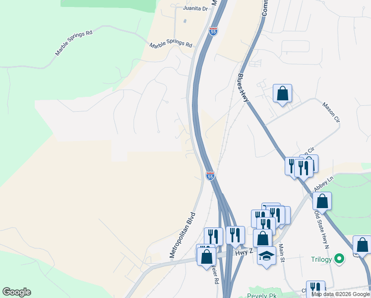 map of restaurants, bars, coffee shops, grocery stores, and more near 8607 Metropolitan Boulevard in Pevely