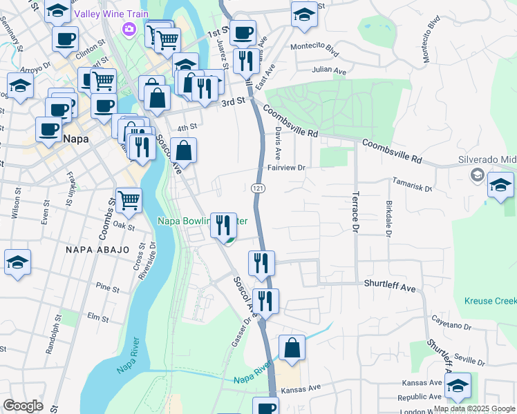 map of restaurants, bars, coffee shops, grocery stores, and more near 498 California 121 in Napa