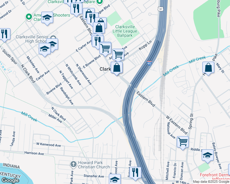 map of restaurants, bars, coffee shops, grocery stores, and more near 316 North Sherwood Avenue in Clarksville