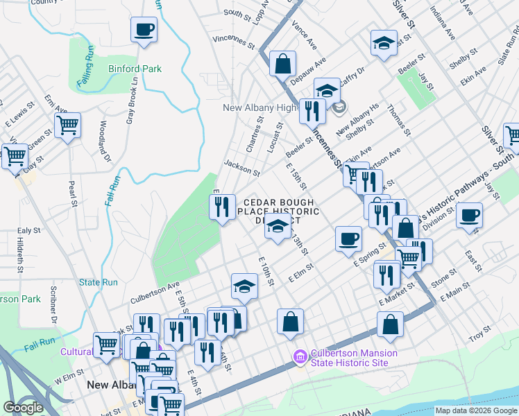 map of restaurants, bars, coffee shops, grocery stores, and more near 1204 Ekin Avenue in New Albany