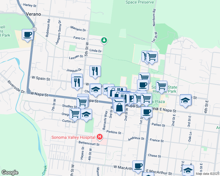 map of restaurants, bars, coffee shops, grocery stores, and more near 321 West Spain Street in Sonoma