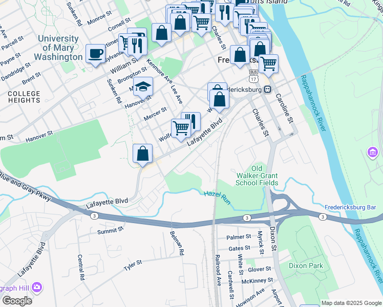 map of restaurants, bars, coffee shops, grocery stores, and more near Cobblestone Boulevard in Fredericksburg
