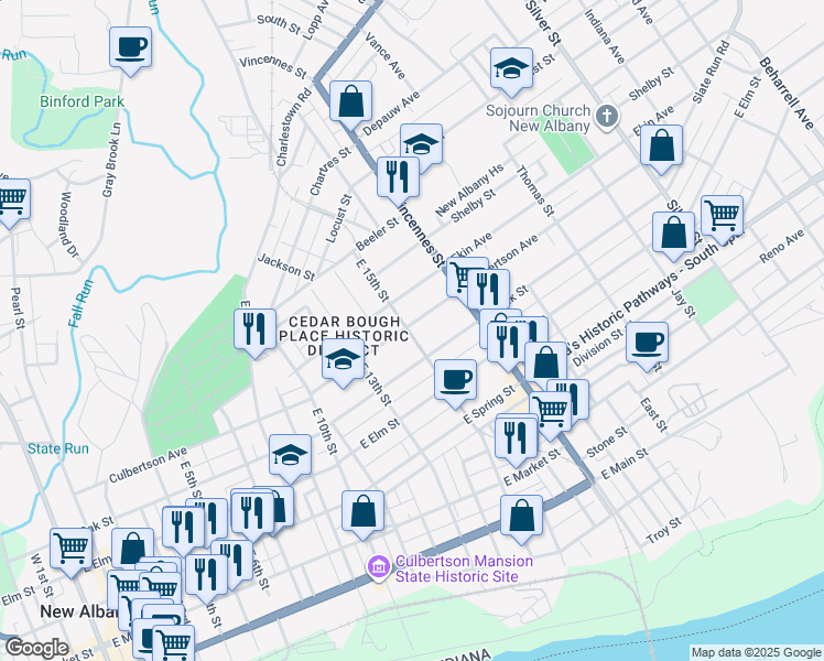 map of restaurants, bars, coffee shops, grocery stores, and more near 1502 Culbertson Avenue in New Albany