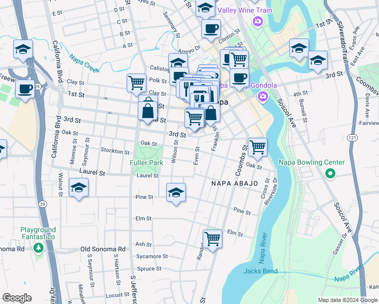 map of restaurants, bars, coffee shops, grocery stores, and more near 1521 Oak Street in Napa