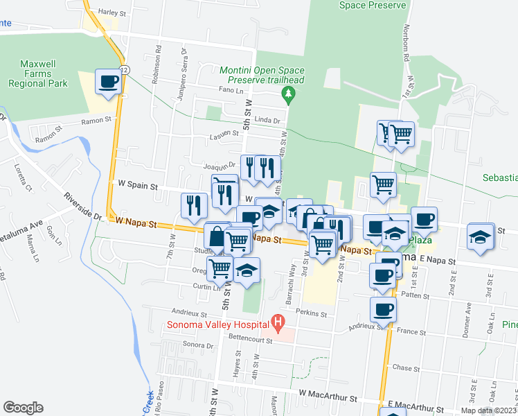 map of restaurants, bars, coffee shops, grocery stores, and more near 443 West Spain Street in Sonoma
