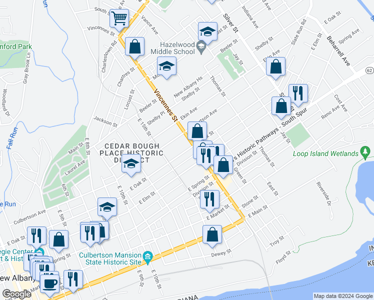 map of restaurants, bars, coffee shops, grocery stores, and more near East Oak Street in New Albany