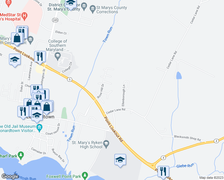 map of restaurants, bars, coffee shops, grocery stores, and more near 41946 Kentucky Court in Leonardtown