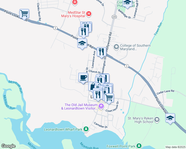 map of restaurants, bars, coffee shops, grocery stores, and more near 22820 Duke Street in Leonardtown