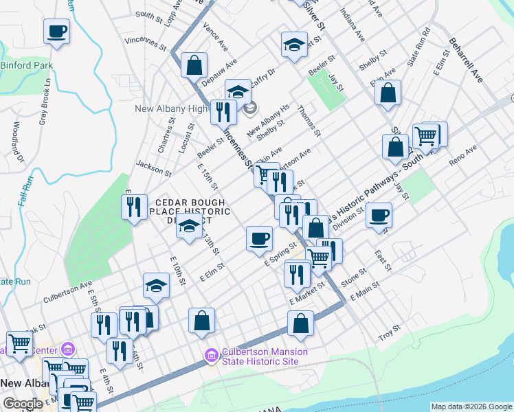 map of restaurants, bars, coffee shops, grocery stores, and more near 1607 Culbertson Avenue in New Albany