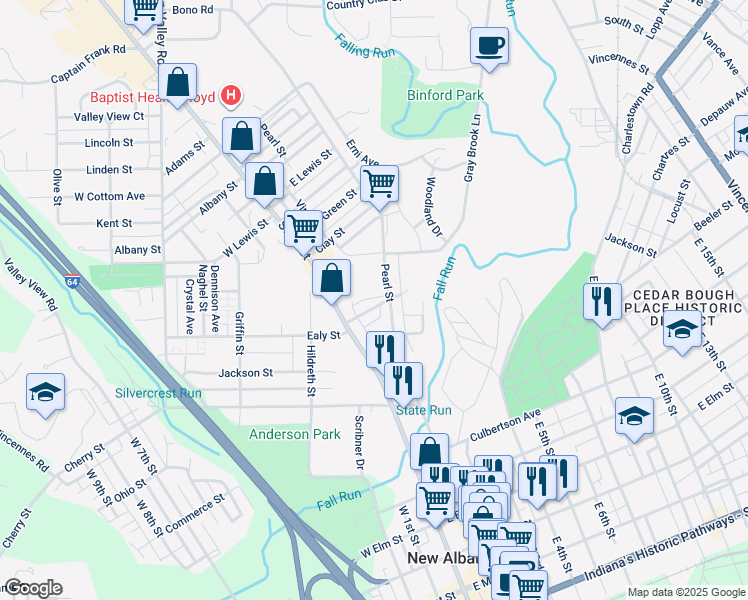 map of restaurants, bars, coffee shops, grocery stores, and more near 1111 Pearl Street in New Albany