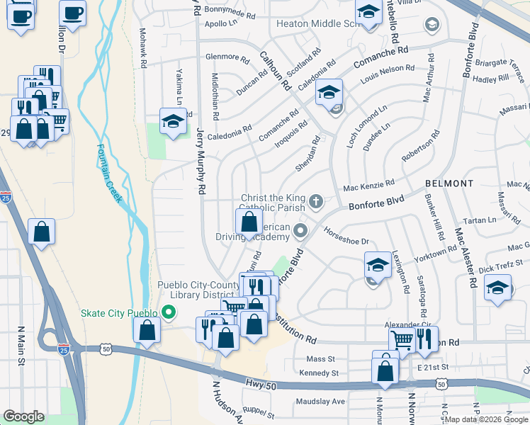 map of restaurants, bars, coffee shops, grocery stores, and more near 1702-1704 Sheridan Rd in Pueblo