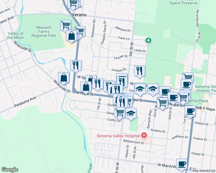 map of restaurants, bars, coffee shops, grocery stores, and more near 417 Bernice Lane in Sonoma