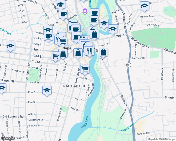 map of restaurants, bars, coffee shops, grocery stores, and more near 565 Brown Street in Napa
