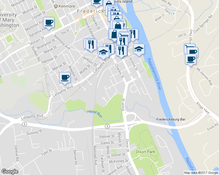 map of restaurants, bars, coffee shops, grocery stores, and more near 513 Dunmore Street in Fredericksburg