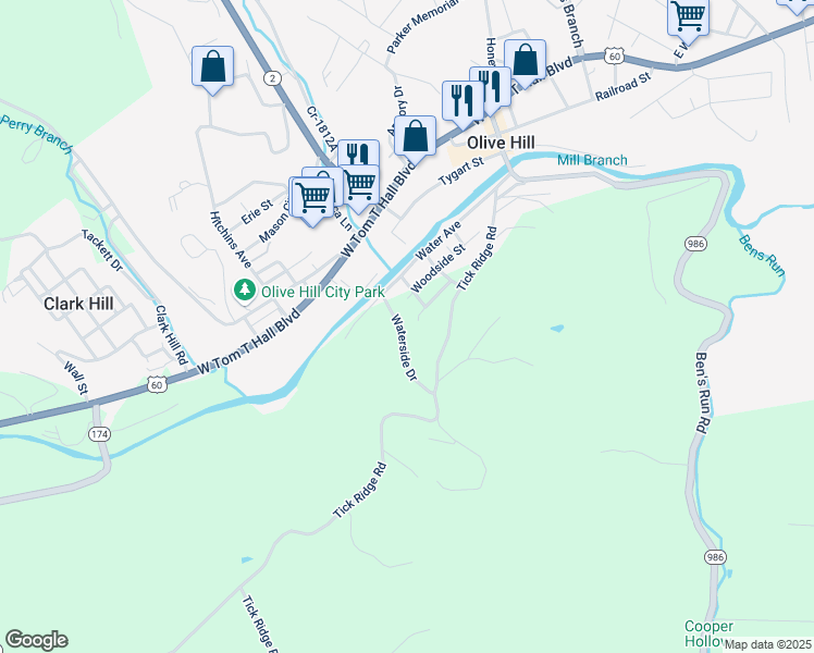 map of restaurants, bars, coffee shops, grocery stores, and more near 533 Woodside Street in Olive Hill