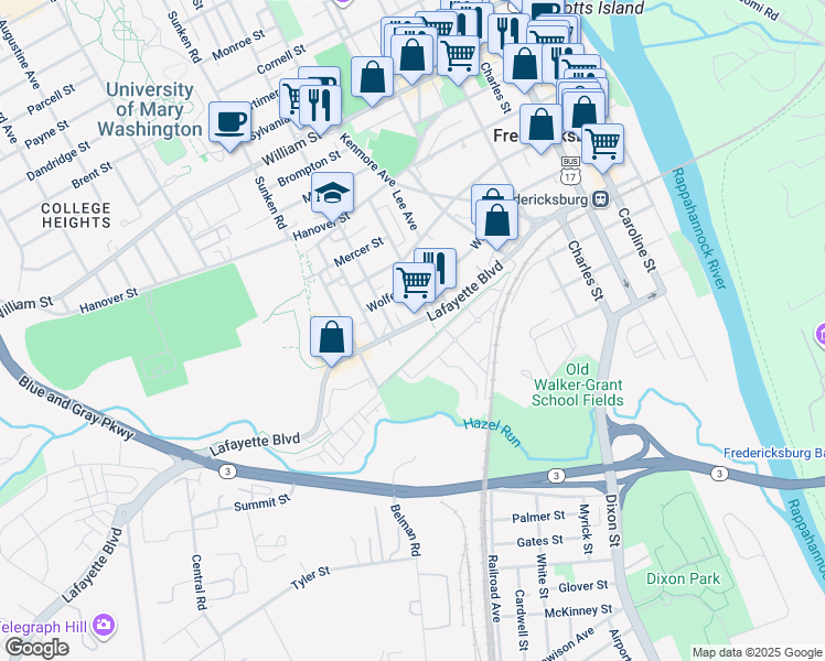 map of restaurants, bars, coffee shops, grocery stores, and more near 814 Lafayette Boulevard in Fredericksburg