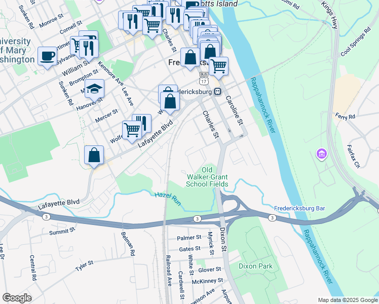 map of restaurants, bars, coffee shops, grocery stores, and more near 513 Dunmore Street in Fredericksburg